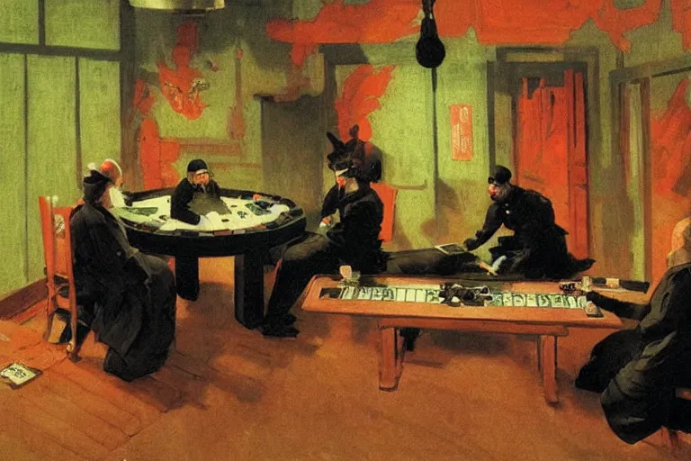 Image similar to ninjas playing poker, inside a tiny green room with red lights by joaquin sorolla, greg rutkowski, hokusai