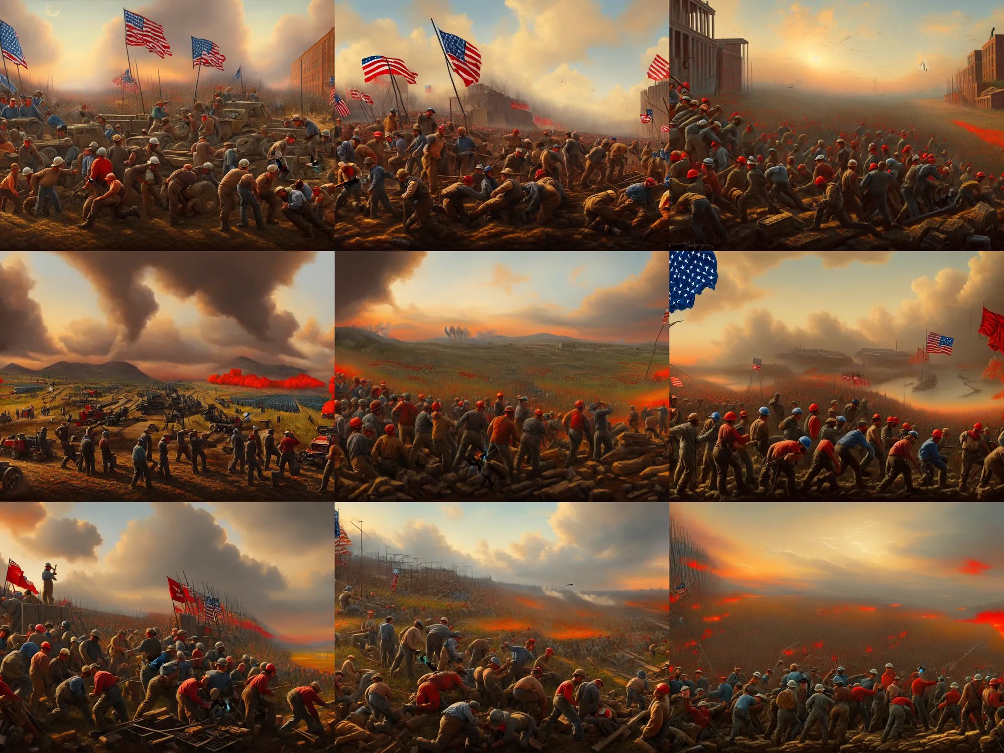 Prompt: landscape painting of the american working class and proletariat taking over the means of production in 2 0 2 2, digital painting, conflict, victory, loss, hope, highly detailed, 4 k, artstation