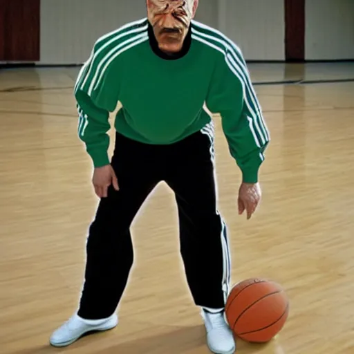 Image similar to walter white wearing adidas track suit and playing basketball