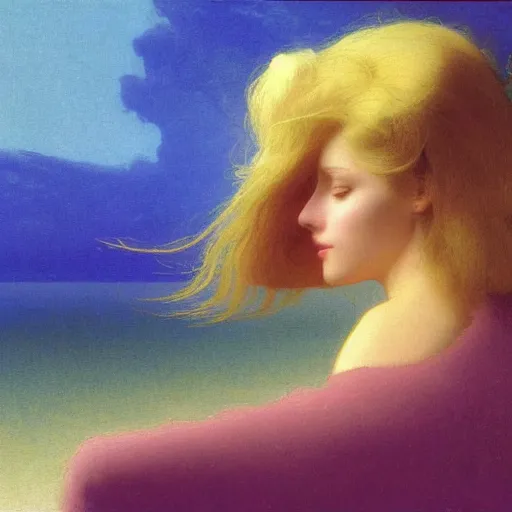 Image similar to a young woman's face, her hair is gold and she wears an cobalt blue satin cloak, by ivan aivazovsky and syd mead and moebius and gaston bussiere and roger dean and pieter claesz and paul delaroche and alma tadema and aelbert cuyp and willem claesz, hyperrealistic, volumetric light, octane render