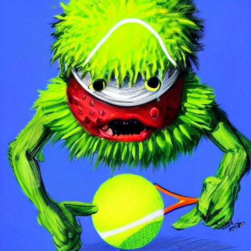 Image similar to a tennis ball monster ,tennis ball, tennis racket, colorful, digital art, fantasy, magic, trending on artstation, ultra detailed, professional illustration by Basil Gogos