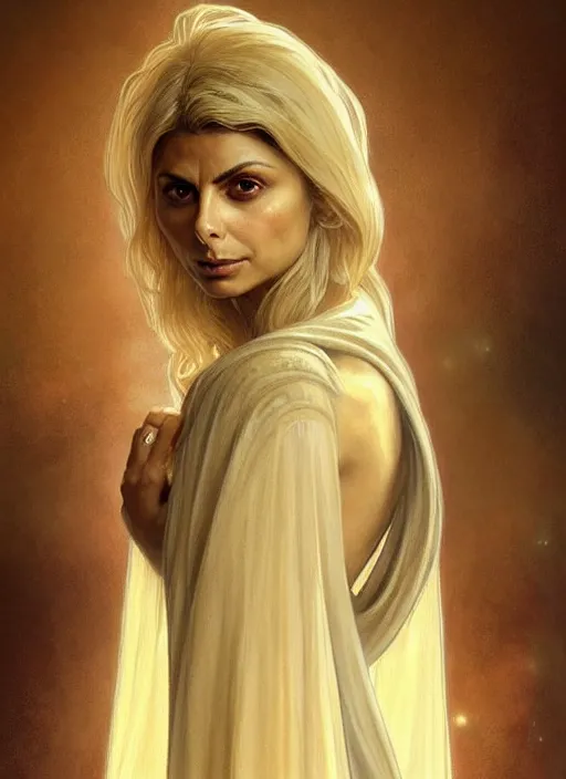 Image similar to Portrait of a beautiful Morena Baccarin, blonde shaggy hair, cloak, ethereal wings, fantasy, extremely detailed, digital painting, artstation, concept art, smooth, sharp focus, illustration, stunning lighting, art by artgerm and greg rutkowski and alphonse mucha and simon stalenhag, realistic character concept, high fantasy, light atmosphere, golden ratio, cinematic lighting, hyperdetailed, high resolution, insanely detailed and intricate, artstation, Marc Simonetti, Greg Rutkowski, 8k