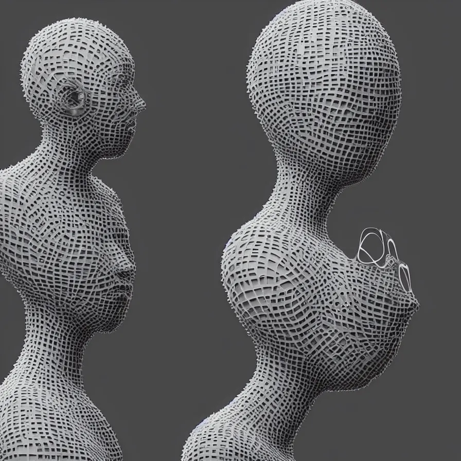 Image similar to a one woman with a futuristic mask on her face, a surrealist sculpture by alexander mcqueen, trending on pinterest, plasticien, biomorphic, made of plastic, a computer rendering by bedwyr williams, featured on zbrush central, holography, multiple exposure, glitch art, glitchy, photorealistic