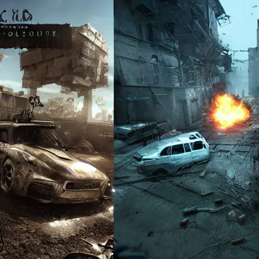 Image similar to xbox vs playstation, post apocalyptic, hd, unreal engine, cinematic