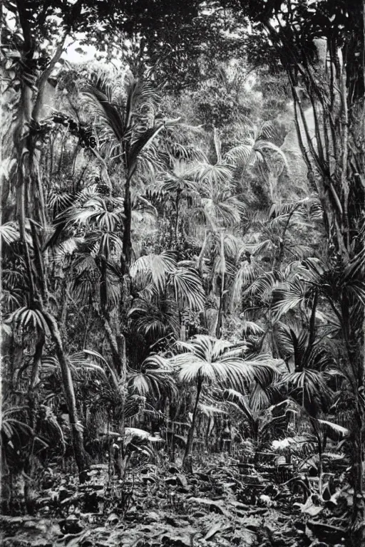 Image similar to alien village, jungle, black and white photography, year 1 9 0 0