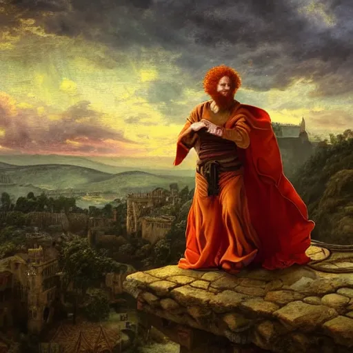 Prompt: a rugged man with curly red hair wearing a green cloak playing a lute sitting on a roof top, medieval setting, entire city visible, zoomed out, night, atmospheric lighting, painted, intricate, volumetric lighting, beautiful, rich deep colours masterpiece, golden hour, oil painting