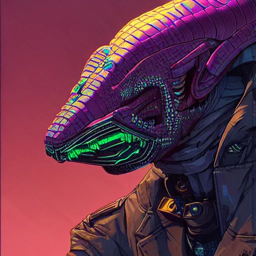 Prompt: A cyberpunk reptile viper head cyborg on the street of a cyberpunk city art by Josan Gonzalez, sci-fi, highly detailed, digital painting, artstation, smooth, sharp focus, illustration, concept art by Josan Gonzalez and James Gurney and Mœbius