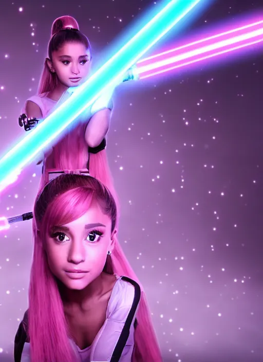 Image similar to An extremely detailed photo of Ariana Grande in the Star Wars universe with two pink lightsabers held in each hand. Maximum detail on artstation, photo realism, vivd details, vivd colour, volumetric lighting. anime art style