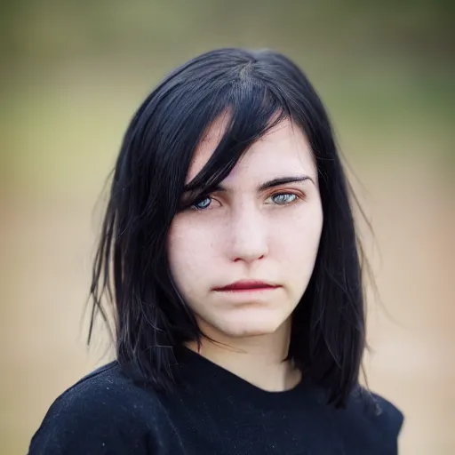 Image similar to tired young woman with shoulder - length messy black hair, slightly smiling, 1 3 5 mm nikon portrait