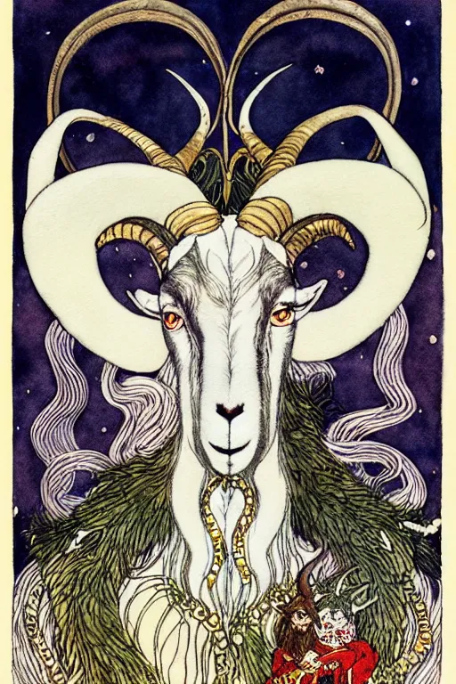 Prompt: goat man with horns and black fur in the center of a frame made of christmas ornaments, art by kay nielsen and walter crane, illustration style, watercolor