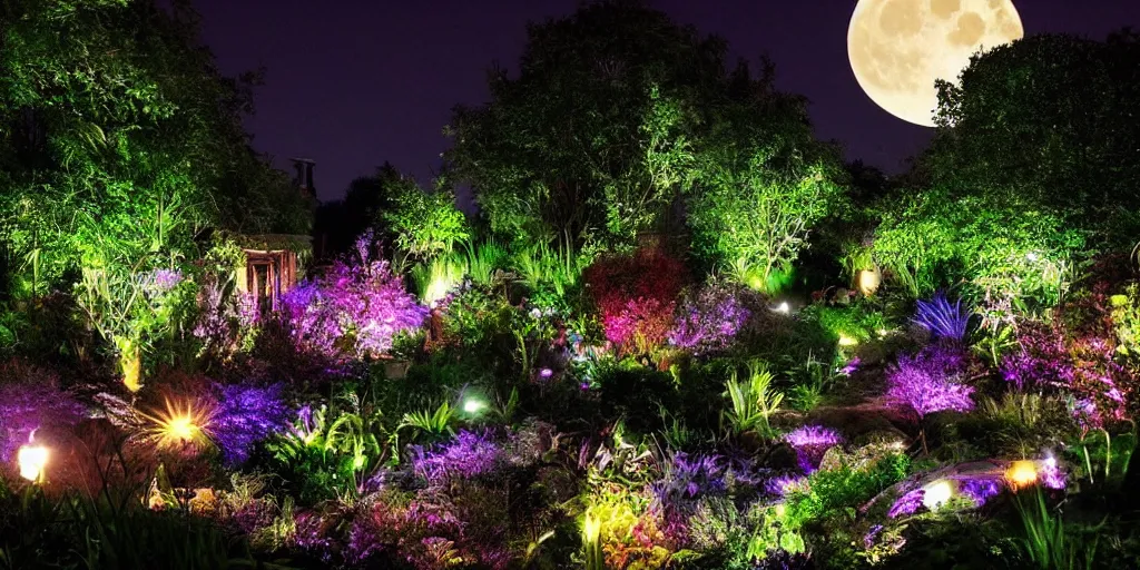Image similar to magical garden at night, big moon