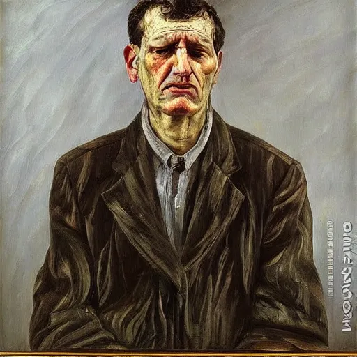 Image similar to Oil painting Portrait of a sad Man, by Lucian Freud, Abstract brush strokes, Masterpiece