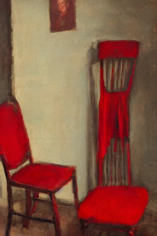 Image similar to an empty red dress laid across a chair in a dark victorian era room. in the style of american impressionism painting. triadic color scheme