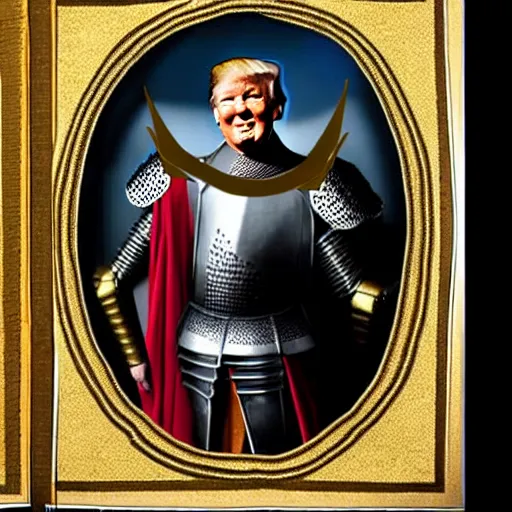 Prompt: full - body - front - shot, donald trump wearing knight'armor, crown, renaissance painting of a knight, detailed face