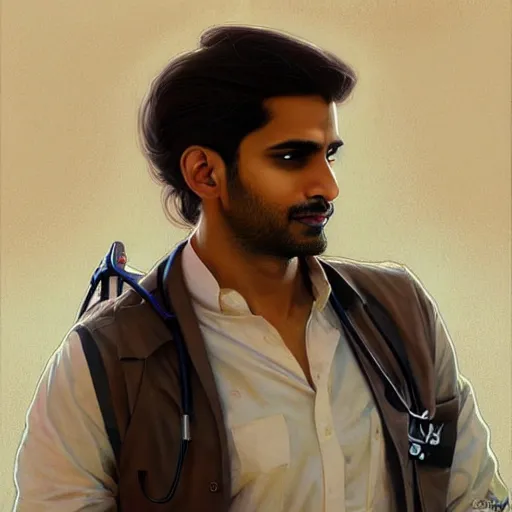 Image similar to Anxious good looking pale young Indian doctors wearing American clothes at the airport, portrait, elegant, intricate, digital painting, artstation, concept art, smooth, sharp focus, illustration, art by artgerm and greg rutkowski and alphonse mucha