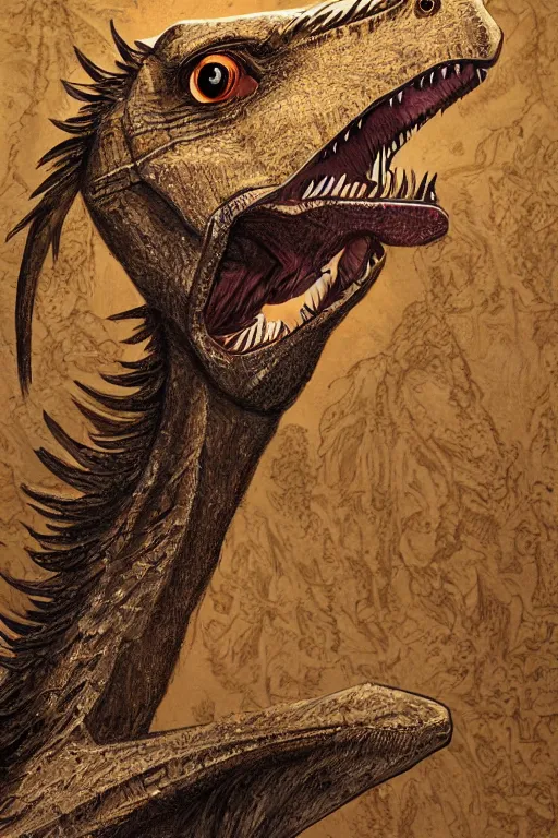 Prompt: jesus as a velociraptor, intricate details, sacral painting, trending on artstation