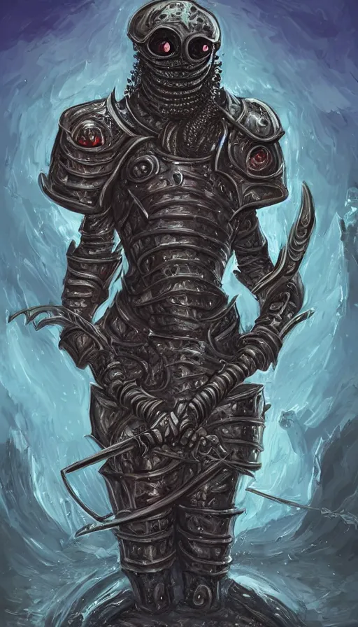 Prompt: digital art of strong knight wearing plate armor, holding weapon and shield, standing upright, full body. lovecraftian, tentacles, covered in eyeballs, eldritch horror