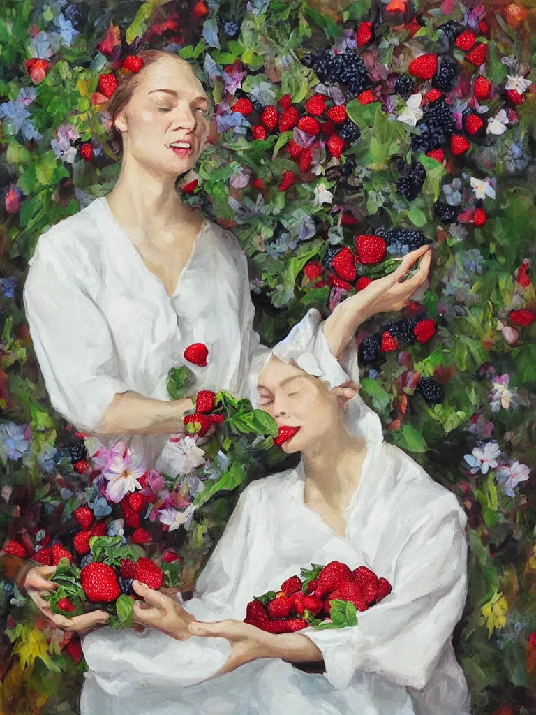 Image similar to “organic, portrait of a woman wearing white silk, neoexpressionist, eating luscious fresh raspberries and strawberries and blueberries, edible flowers”