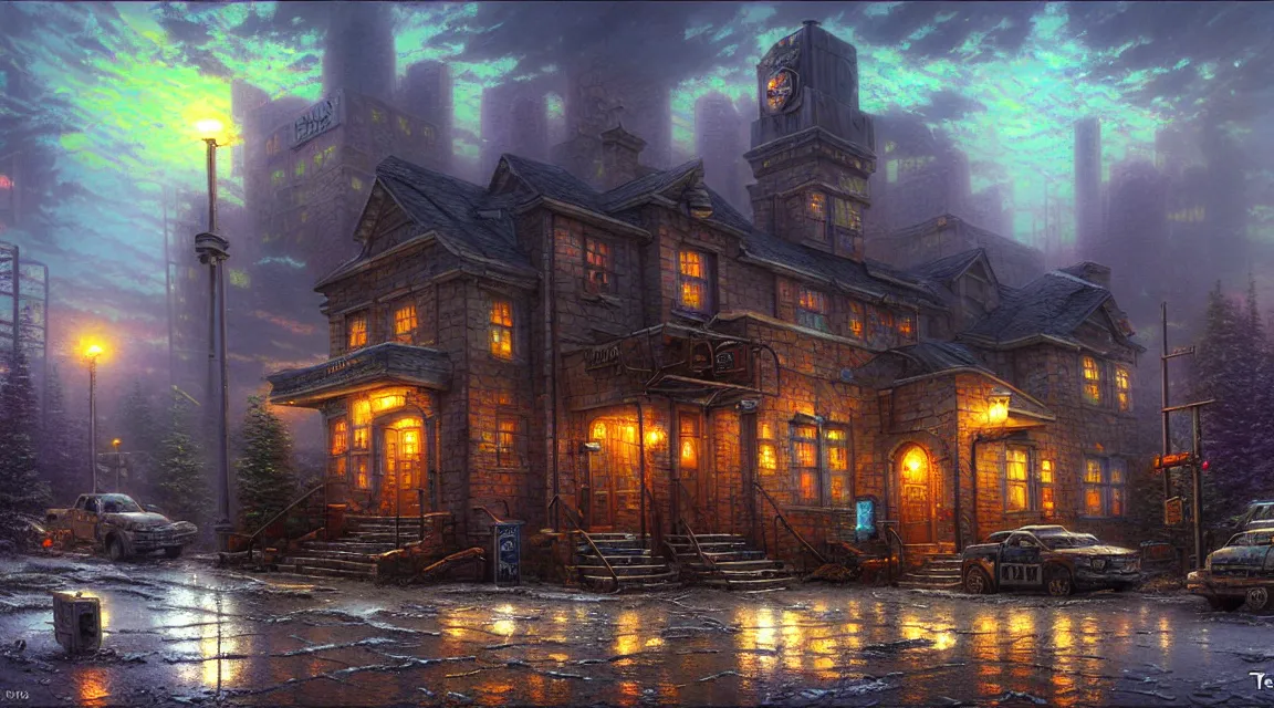 Prompt: post - apocalyptic police station, by thomas kinkade