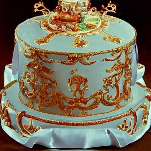 Image similar to photograph of a fancy baroque cake from 1970's cookbook in color