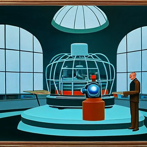 Prompt: robotic scientists in a dome - shaped control center, blue, teal, gray, black, grant wood, pj crook, edward hopper, oil on canvas