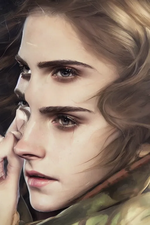 Image similar to a professionally painted portrait of a beautiful Emma Watson, clothed in military armor, olive skin, long dark hair, beautiful bone structure, symmetrical facial features, intricate, elegant, digital painting, trending on Artstation, concept art, smooth, sharp focus, illustration, from Metal Gear by Ruan Jia and Mandy Jurgens and Artgerm and William-Adolphe Bouguerea, award winning