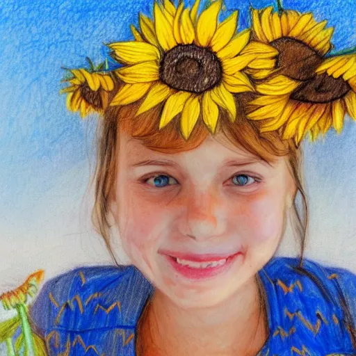 Prompt: Portrait, Drawing of a Ukrainian girl Smiling at the camera, Beautiful pretty young, flowers in her dark hair, Scene: Sunflower field, Colors: Yellow sunflowers, blue cloudy sky, In a style of Children scribbles