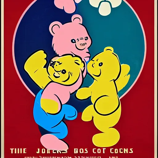 Image similar to the care bears as a military junta soviet propaganda poster