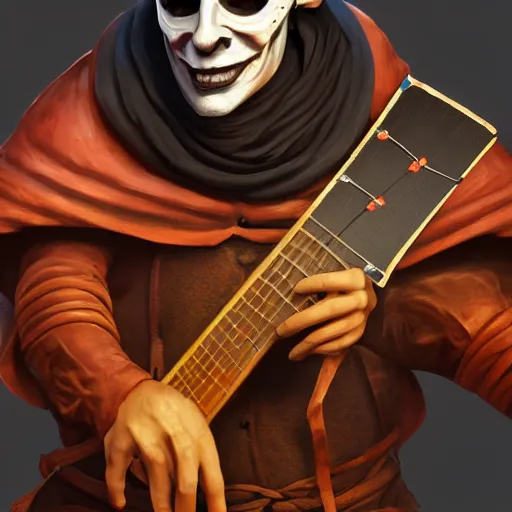 Image similar to a digital painting of a man wearing a mask playing a guitar, young handsome pale roma, grim dark jester from gwent cards, a character portrait by senior character artist, polycount, vanitas, sketchfab, speedpainting, zbrush