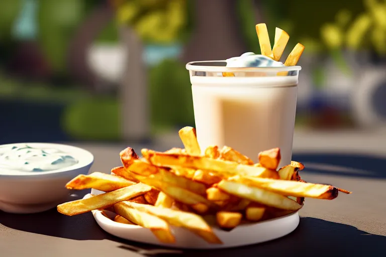 Image similar to best fries, best mayonnaise, best weather, best light, best drink. super realistic 8 k render