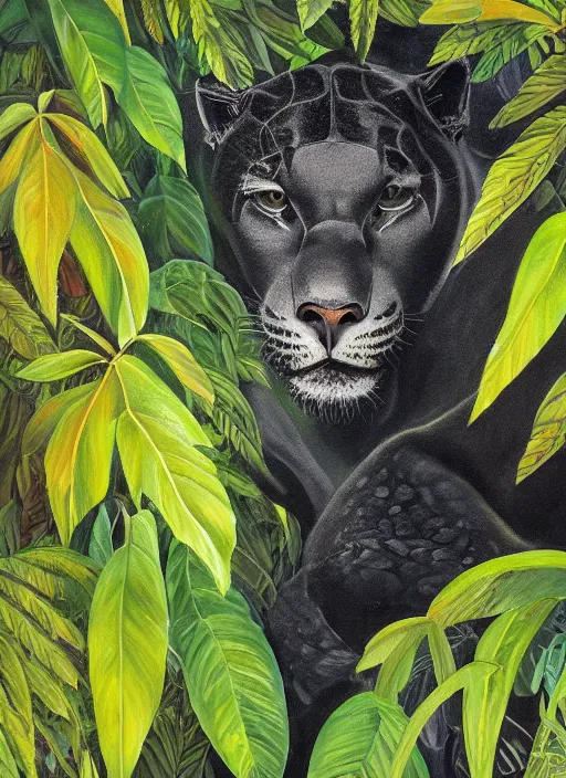 Image similar to a beautiful painting portrait of a black jaguar surrounded by the leaves of the jungle, highly detailed close up, fantasy art, matte painting