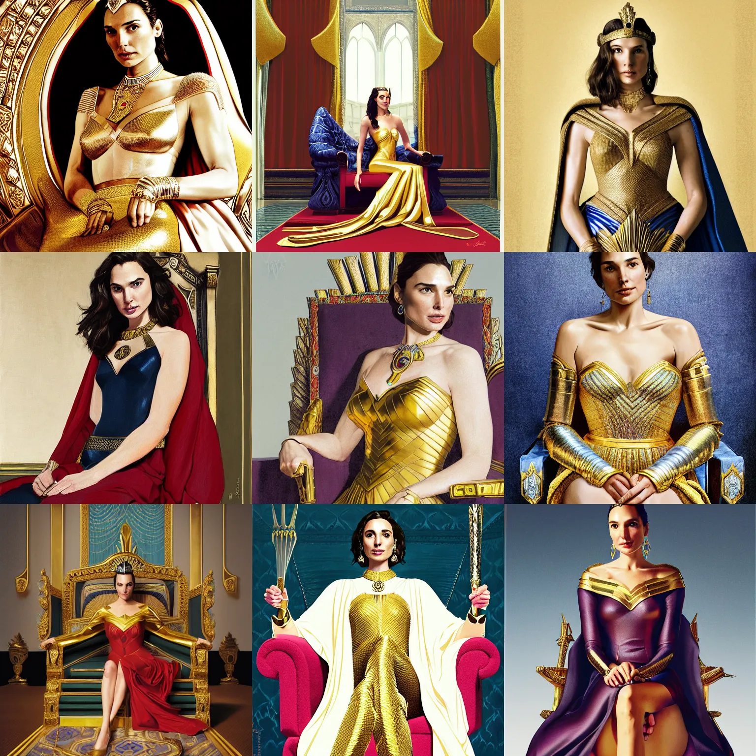 Prompt: regal Gal Gadot sitting on queens throne royalty wearing royal mantle gold jewelry by alex ross by moebius and atey ghailan by james gurney by vermeer by George Stubbs