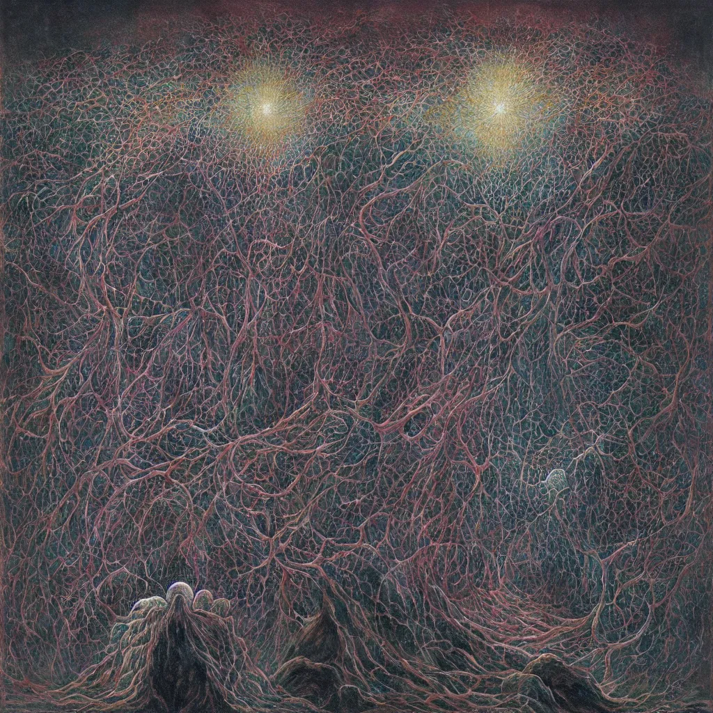 Prompt: the cosmic fractal core that underlies the universe illuminated by the screaming souls of the dead, by Gerald Brom and Zdzisław Beksiński