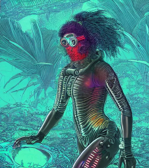 Image similar to a cyberpunk diver Polynesian woman swims through a dark bioluminescent alien coral reef, techwear, Industrial Scifi, detailed illustration, character portrait, by Martin Grip and Moebius