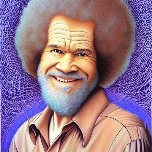 Prompt: bob ross painting but it's by alex grey