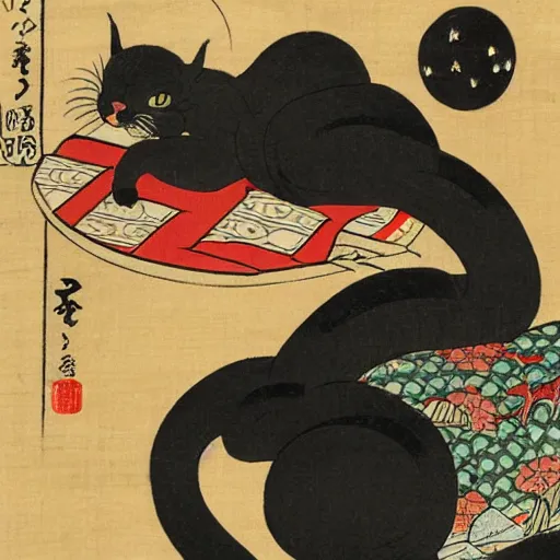 Prompt: masterpiece ukiyo-e painting of a cat parade at night