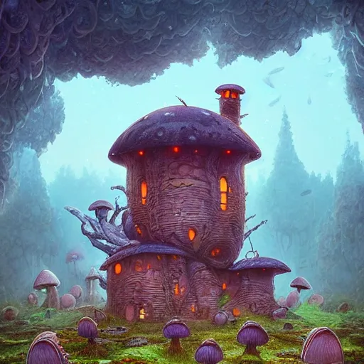 Prompt: a mushroom house in the middle of nowhere. detailed fantasy art, by ferdinand knab, simon stalenhag and beeple, and cyril rolando