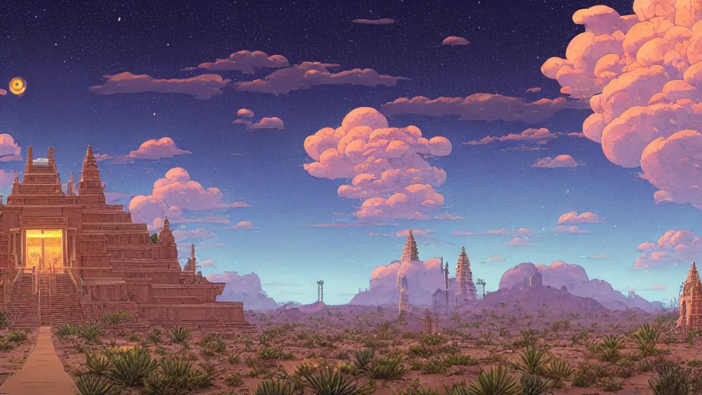 Prompt: highly detailed illustration of a desert with fireflies and temples while rains at night and lots of high exposure cummulonimbus clouds by makoto shinkai, by moebius, by oliver vernon, by joseph moncada, by damon soule, by manabu ikeda, by kyle hotz, by dan mumford, by otomo, 4 k resolution