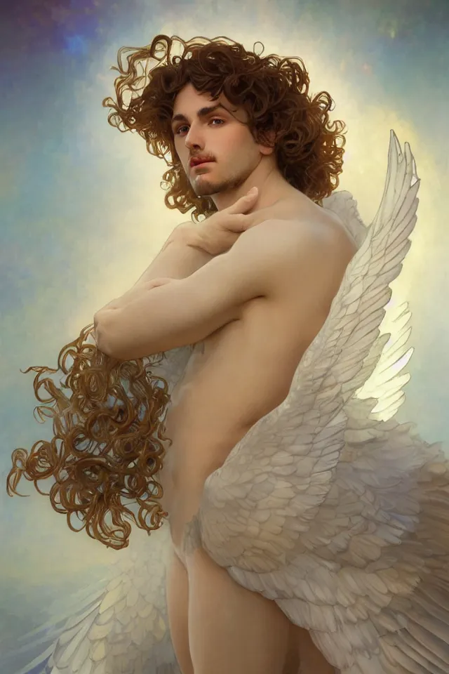 Prompt: fullbody portrait of a beautiful young fit male angel with curly blond hairs, full dressed in long fluent clothes, majestic big dove wings, luminous halo, by greg rutkowski and alphonse mucha, gradient white to gold, in front of an iridescent background, highly detailed portrait, digital painting, artstation, concept art, smooth, sharp focus illustration