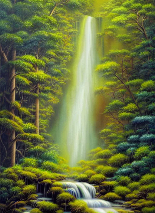 Prompt: a painting of a waterfall in a forest, an airbrush painting by terry redlin, deviantart, metaphysical painting, airbrush art, detailed painting, oil on canvas