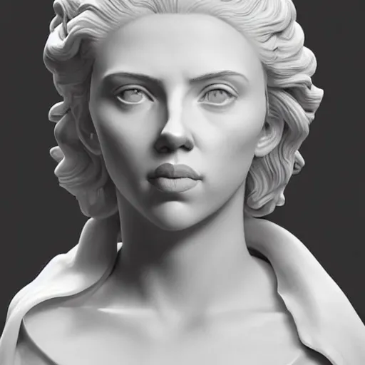 Image similar to a marble bust of actress Scarlett Johansson, made of Carrara marble, extremely detailed, 8K render, unreal engine, octane render, intricate, CGI, cgsociety, photograph, single subject, medium shot, shallow depth of field, by Gian Lorenzo Bernini