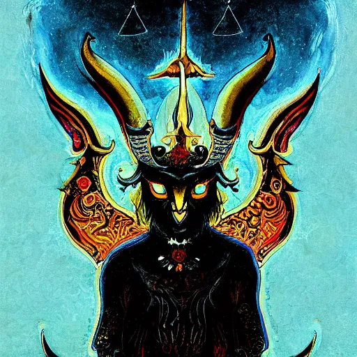 Prompt: a detailed occult painting of baphomet in the style of Miyazaki, prismatic lighting, studio ghibli, ornate, maximalist, exquisite detail, rich colors, charred black background