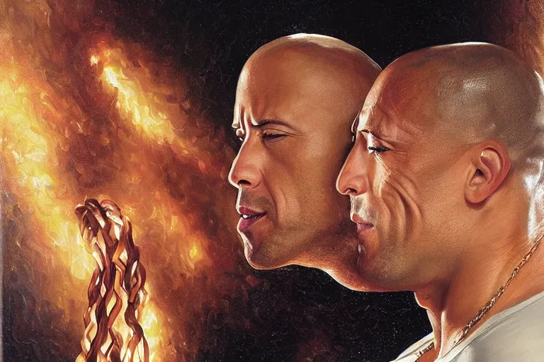 Image similar to portrait of vin diesel and dwayne the rock johnson sharing spaghetti noodle kiss, an oil painting by ross tran and thomas kincade