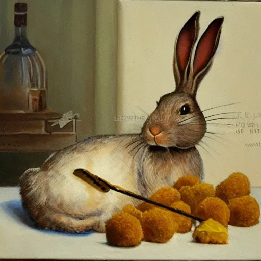 Image similar to a painting of a rabbit drinking tequila and eating croquette in gothic style