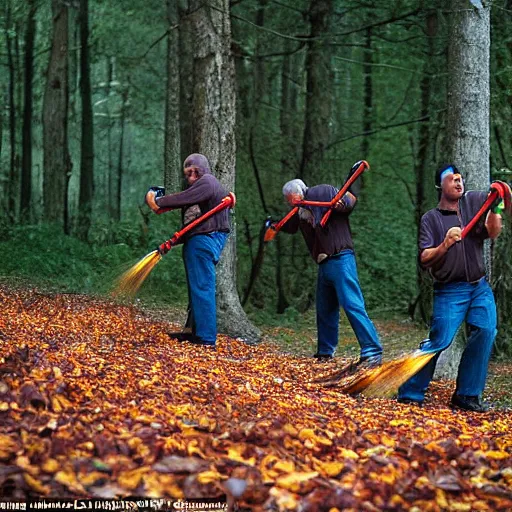 Image similar to men with leaf blowers fighting the falling leaves in a forest, detailed face, by Steve McCurry and David Lazar, CANON Eos C300, ƒ5.6, 35mm, 8K, medium-format print