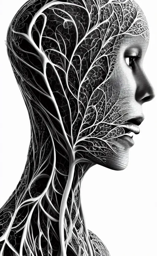 Image similar to a black and white 3D render of a beautiful profile face portrait of a female vegetal-dragon-cyborg, 150 mm, orchid stems, ivy, fine vegetal lace, Mandelbrot fractal, anatomical, flesh, facial muscles, microchip, veins, arteries, full frame, microscopic, elegant, highly detailed, flesh ornate, elegant, high fashion, rim light, octane render in the style of H.R. Giger