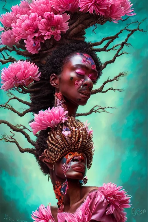 Prompt: hyperrealistic neo - rococo cinematic super expressive! yoruba goddess with exoskeleton armor, merging with tree in a forest, pink red flowers, highly detailed digital painting masterpiece, smooth cam de leon eric zener dramatic pearlescent soft teal light, ground angle hd 8 k, sharp focus