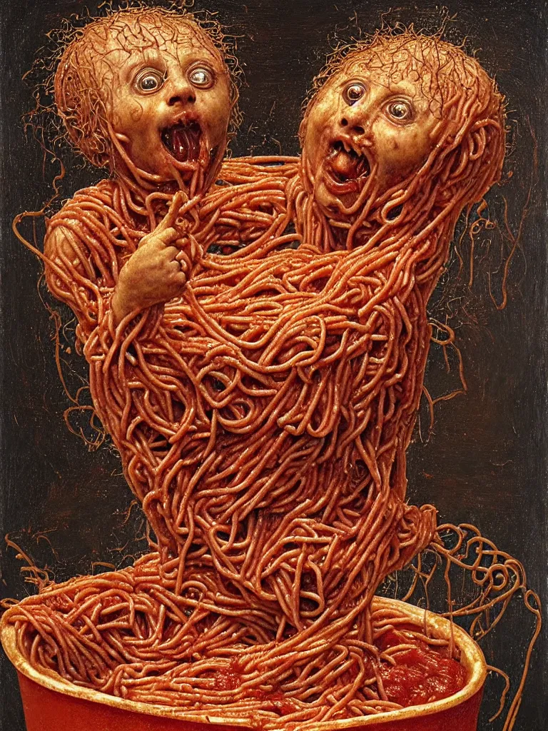 Image similar to a boy made of spaghetti sitting in a tub full of tomato sauce, looking straight into camera, screaming in desperation, by giuseppe arcimboldo and ambrosius benson, renaissance, intricate and intense oil paint, a touch of joseph cornell, beksinski and hr giger and edward munch, realistic