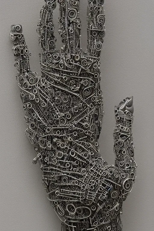 Image similar to cybernetic robotic hand made of intricate gears, wires and ceramics, engraved with sanskrit writing