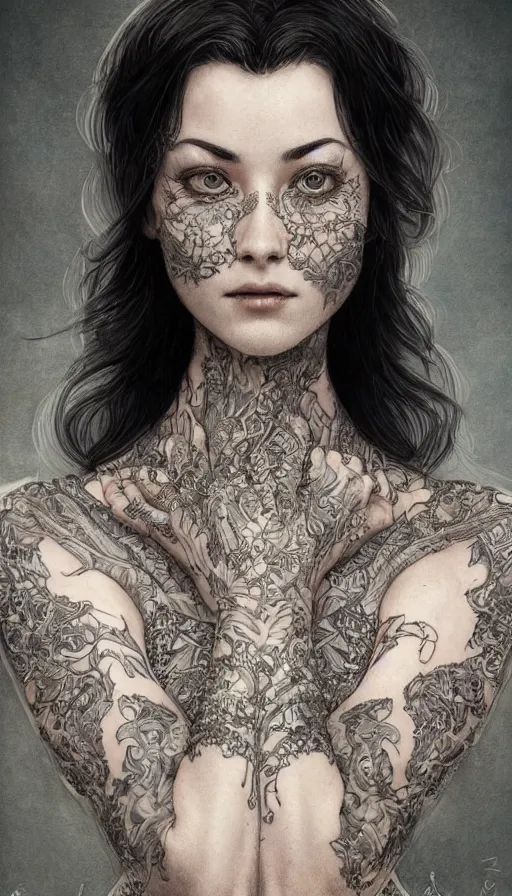 Image similar to tattooed lady, fame of thrones, fibonacci, sweat drops, intricate fashion clothing, insane, intricate, highly detailed, digital painting, artstation, concept art, smooth, sharp focus, illustration, Unreal Engine 5, 8K, art by artgerm and greg rutkowski and alphonse mucha